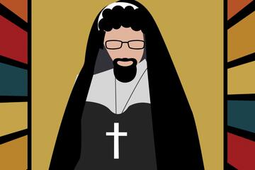 colorful illustration of a person with a beard in a nun's outfit
